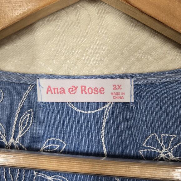 Ana & Rose Embroidered Peplum Blouse 2X Blue Cottagecore Boho Chambray Plus Size - Picture 9 of 13